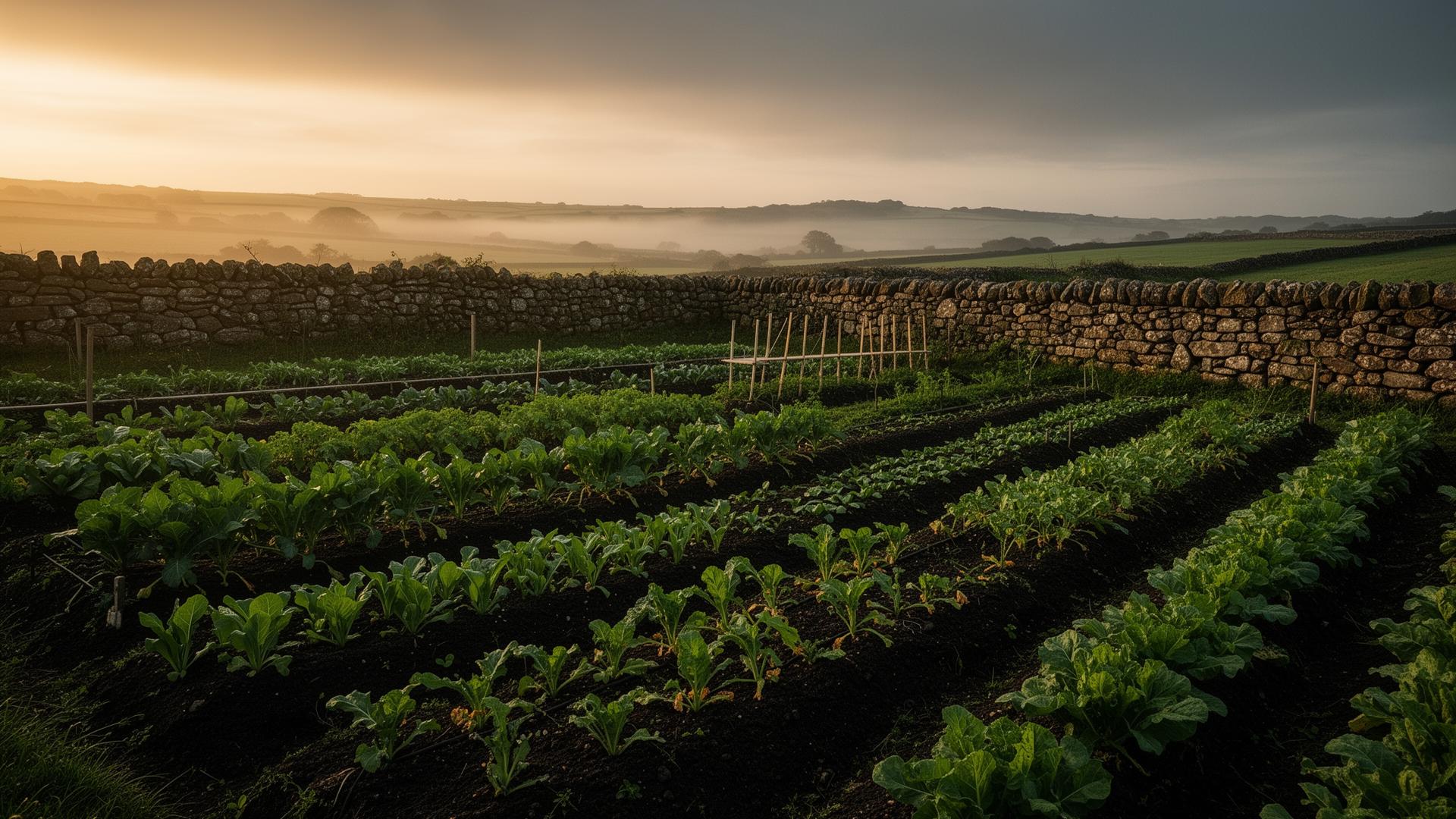 Salt & Soil organic plots at golden hour, Redruth, Cornwall