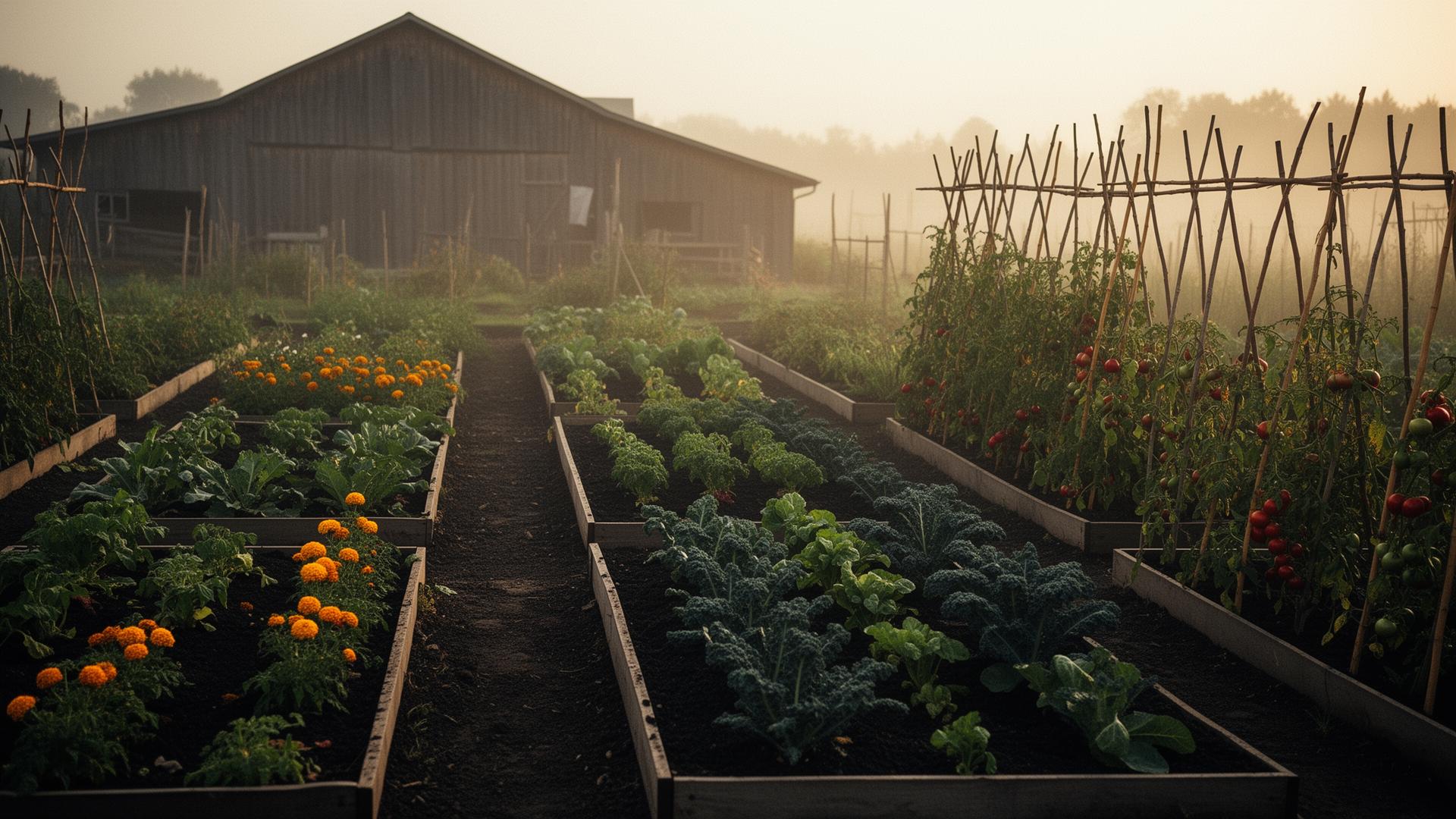 Seven organic plots laid out across Cornish farmland at golden hour
