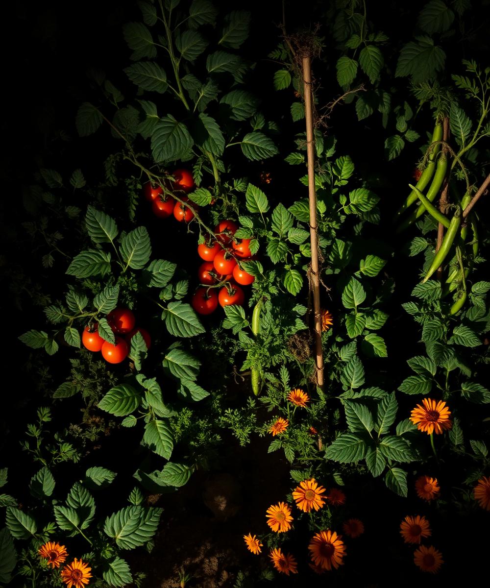 Polyculture vegetable garden with tomatoes, beans and marigolds